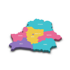 Belarus political map of administrative divisions - regions and one autonomous city. Colorful 3D vector map with dropped shadow and country name labels.