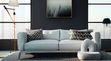Interior design of modern living room, white room and white sofa on a carpet. 