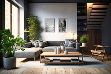Interior design of modern apartment, living room with sofa and coffee tables 3d rendering - created with AI