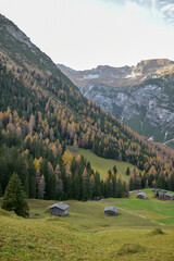 Fototapeta na wymiar Autumn in the Austrian Alps. Village of Mittelberg in Kleinwalsertal in the Allgau Alps.