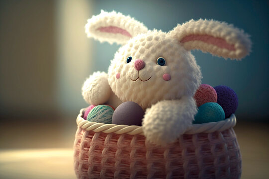 Flauschiger Pl&uuml;sch-Osterhase mit Osterkorb und Ostereiern - Generative AI