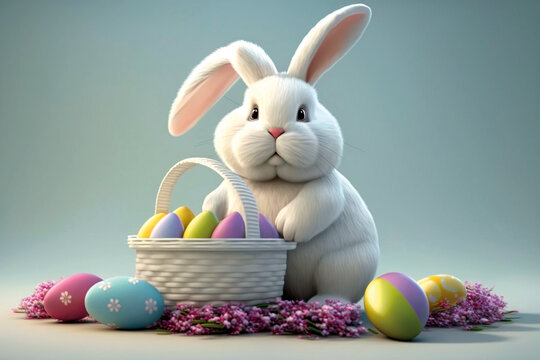 Flauschiger Pl&uuml;sch-Osterhase mit Osterkorb und Ostereiern - Generative AI