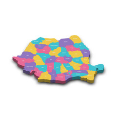 Romania political map of administrative divisions - counties and autonomous municipality of Bucharest. Colorful 3D vector map with dropped shadow and country name labels.