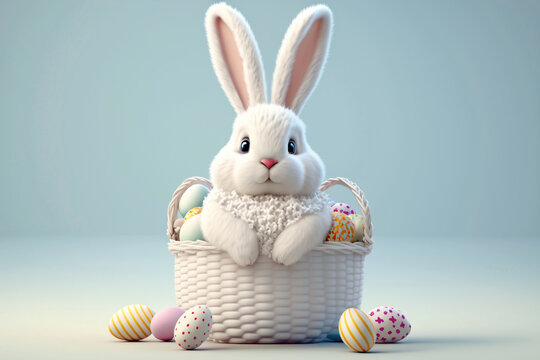 Kuscheltier-Osterhase mit Osterkorb und Ostereiern - Generative AI