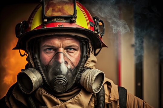Close up portrait of a serious fireman wears an oxygen mask on his face and protective helmet. Nice cinematic atmosphere lighting , person created by AI generative.