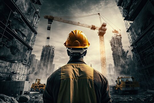 construction of a skyscraper, view of a worker in a orange helmet from behind, ai generative