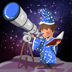 little astronomer boy with a book looks through a telescope at the starry sky