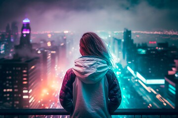 A girl in a futuristic hooded jacket stands on top of a skyscraper on a blurred cyberpunk city panorama background with bright neon lights. Photorealistic Generative AI illustration.