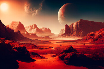 Landscape of unknown red planet surface with craters and mountains with satellites in the sky. Generative AI