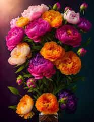 Romantic festive bouquet of flowers, peonies, roses, chrysanthemums, congratulations, postcard, wedding flowers
