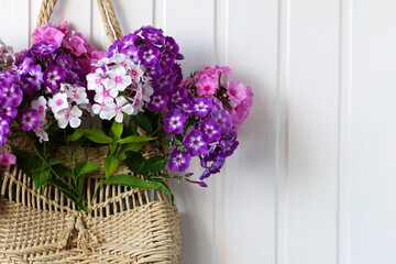 bouquet of garden violets and pink phlox in a woven bag on a white wall, natural background....
