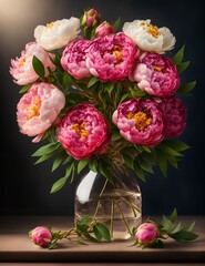 Romantic festive bouquet of flowers, peonies, roses, chrysanthemums, congratulations, postcard, wedding flowers