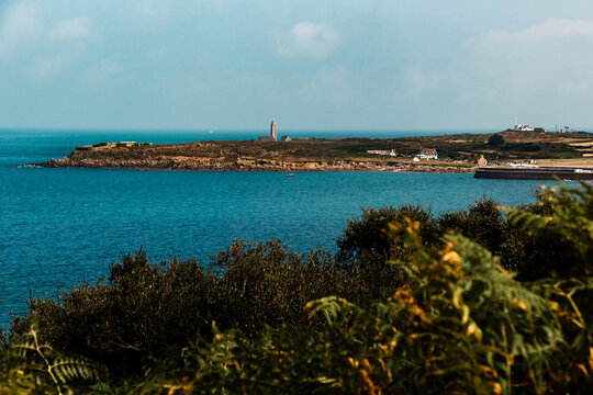 View over the bay of  Site du Phare du cap L&eacute;vi Lighthouse, Fermanville, France 