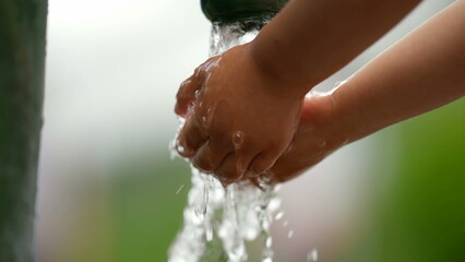 Fototapeta premium Children washing hands at public water faucet at park in summer day. Kid hand closeup cleaning dirt in slow motion