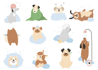 Set of funny washing dogs in different poses. Vector illustration of adorable pets