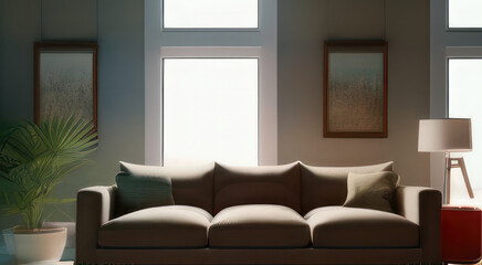 Interior design of modern living room, beige sofa near window. 