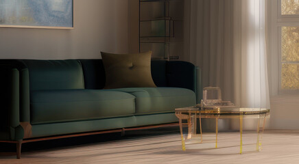 Interior design of luxury living room, green sofa and golden table.