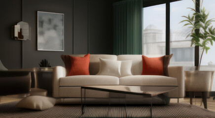 Fototapeta na wymiar Interior design of modern living room, white sofa glass table near a beautiful window view.