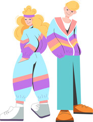 Fashion of the 90s. Flat blond people in a tracksuit of the 90s. Flat retro design of people and fashion of the 90s
