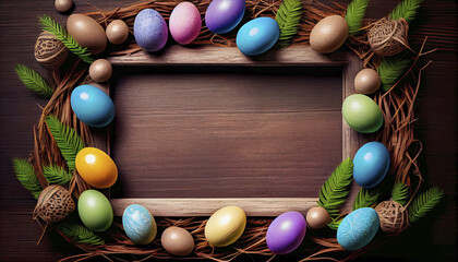 Obraz premium Multi-coloured Easter eggs on dry grass and branches, space for text, generated AI