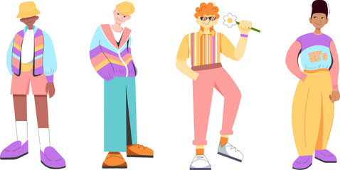 Flat retro design. Groovy, 90s fashion. Set of men in 90's sports style. Black man, guy, blond, redhead in 90's clothing. Cool flat men