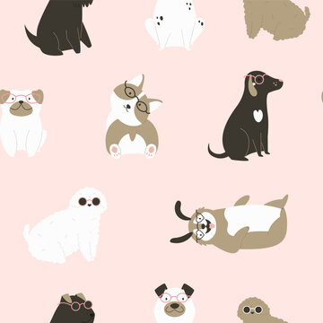 Seamless patterns with funny adorable dogs of different breeds on pink background