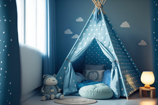 The bedroom has blue wallpaper and morning sunlight, as well as a lovely and comfortable kids indoor sleepover tent. Background, Backdrop, Childhood, Joy, Playroom, Sleepover, Empty, Nobody