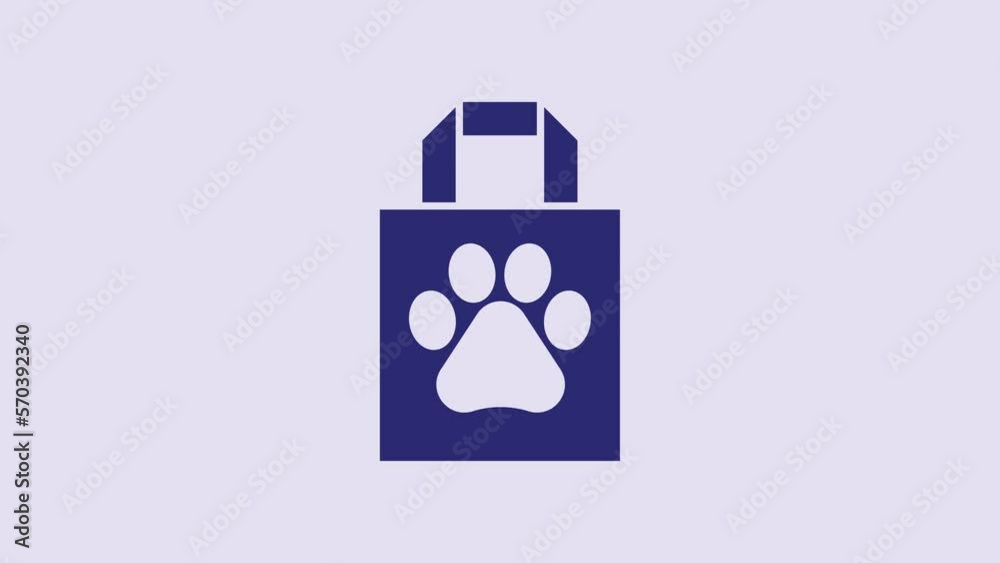 Poster blue shopping bag pet icon isolated on purple background. pet shop online. animal clinic. 4k video m