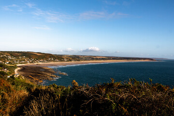 Panoramic view over the bay and beach of Sciotot, coming from Flmanville over GR223, Normandy, France