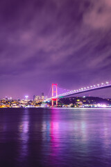 Vertical image of 15 July Martyrs Bridge (15 Temmuz Sehitler Koprusu) Violet, purple cloudy sky and sea in Istanbul, Turkey. Istanbul Bosphorus Bridge, Panorama, long exposure, Vertical İmage.