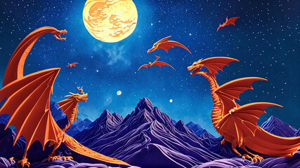 Hermoso Paisaje Nocturno con Dragones, IA Generativa