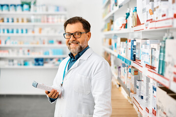 Happy male pharmacist working in drugstore and looking at camera.