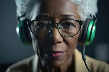 Afro-American elderly woman with green headphones listening to music. generative ai