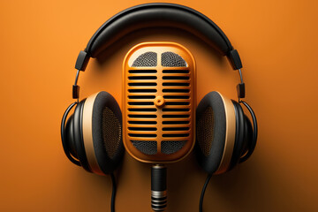 Microphone and headphones for podcast on orange background. generative ai