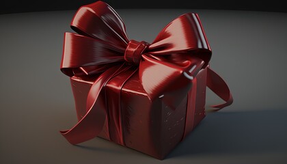  a shiny red gift box with a large bow on it's side, on a gray background, with a shadow from the side of the box.  generative ai
