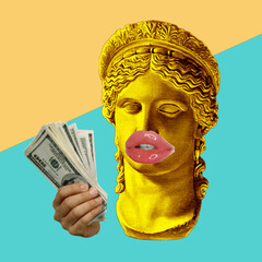 gold statue with hand of money isolated on yellow and blue  background  - obrazy, fototapety, plakaty