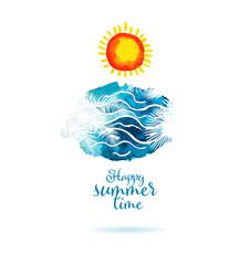 Sun and sea watercolor object. Hello summer. happy summer time. Vector illustration