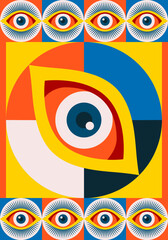Eye poster color style minimal 20s geometric style with figures and shapes circle, triangle. square. Human psychology and mental health concept illustration. Vector 10 eps