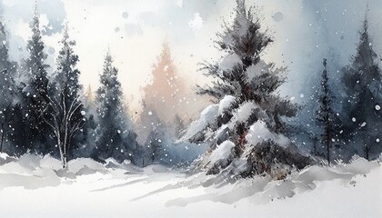 winter forest landscape with snow, watercolor painting Generative AI 