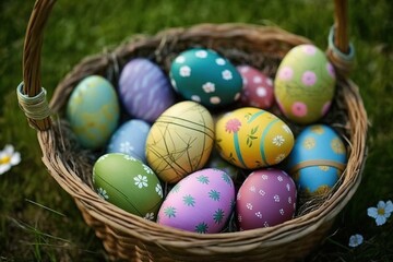 aster bunny or rabbit, spring meadow with colorful eggs in a basket and flowers, holiday greeting card, 