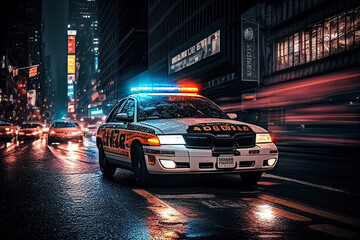 Fototapeta premium Police car in New York. Police car with red and blue emergency lights. Emergency vehicle lighting. LED blinker flasher Police car. Road traffic jam accident. Crime in City. Operation, control, patrol.