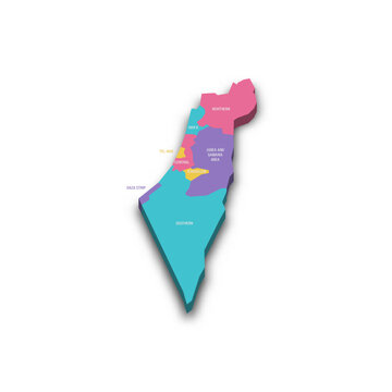 Israel political map of administrative divisions - districts, Gaza Strip and Judea and Samaria Area. Colorful 3D vector map with dropped shadow and country name labels.