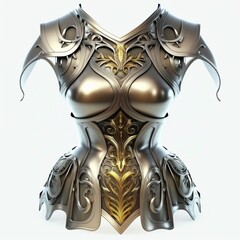 Fantasy gorgeous metallic golden short suit armor top illustration design for women, isolated on white background.

