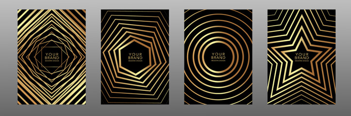 Modern gold cover design set. Luxury black colour digital geometric pattern. Creative premium stripe vector background for business catalog, brochure template, notebook, invitation 