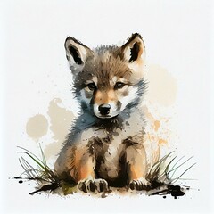 Cute baby wolf. watercolor-style. AI Generated