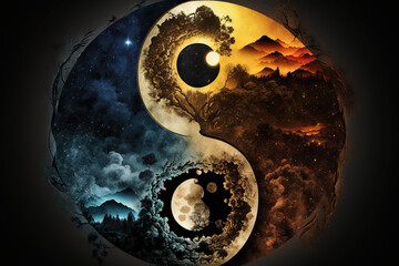 Yin Yang Symbol Day and Night Style - Yin Yang Symbol Series - Yin Yang Day and Night Style background wallpaper created with Generative AI technology - obrazy, fototapety, plakaty