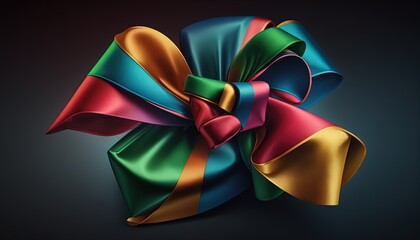  a large colorful bow on a black background with a red, green, blue, and yellow ribbon on the top of it's bow.  generative ai