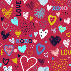 Creative love texture. Seamless pattern with hand drawn scribble hearts and text - love, xoxo. Vector