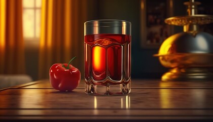 Fototapeta premium a glass of red liquid with a red apple next to it on a wooden table in front of a yellow curtained room with a window. generative ai