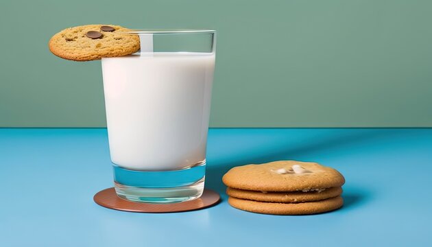  a cookie and a glass of milk on a blue table with a green wall in the background of the picture is a cookie and a glass of milk on the table.  generative ai